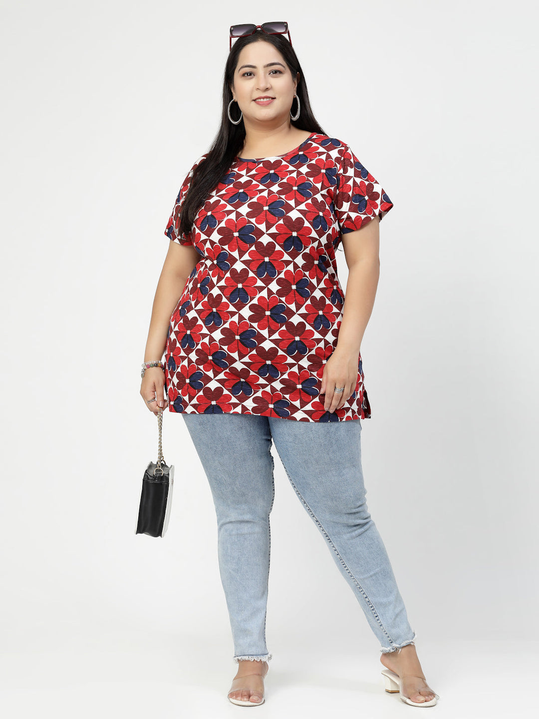 Red Floral Printed Round Neck Regular Fit Cotton Casual T-shirt