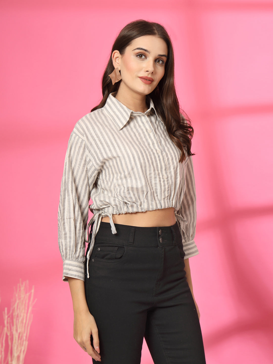 Women Vertical Stripes Striped Cotton A-Line Crop Top