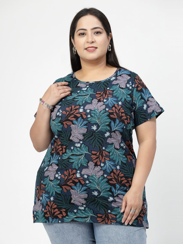 Round Neck Short Sleeves Floral Printed Cotton Regular Fit Plus Size T-shirt