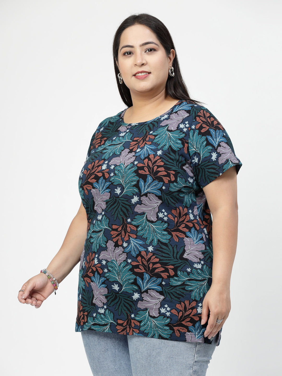 Round Neck Short Sleeves Floral Printed Cotton Regular Fit Plus Size T-shirt