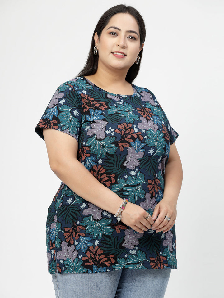 Round Neck Short Sleeves Floral Printed Cotton Regular Fit Plus Size T-shirt