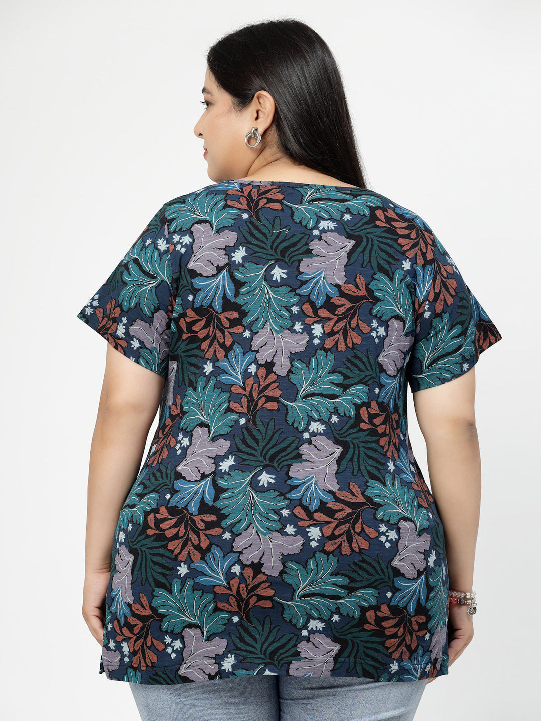 Round Neck Short Sleeves Floral Printed Cotton Regular Fit Plus Size T-shirt