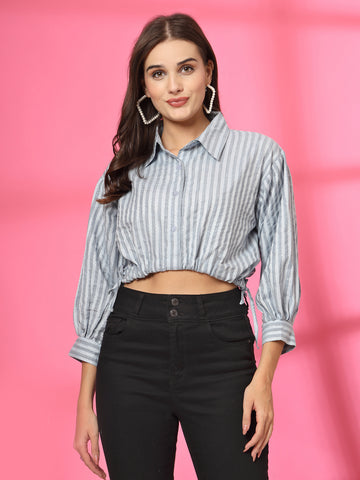 Women Striped Cotton Shirt Style Crop Top