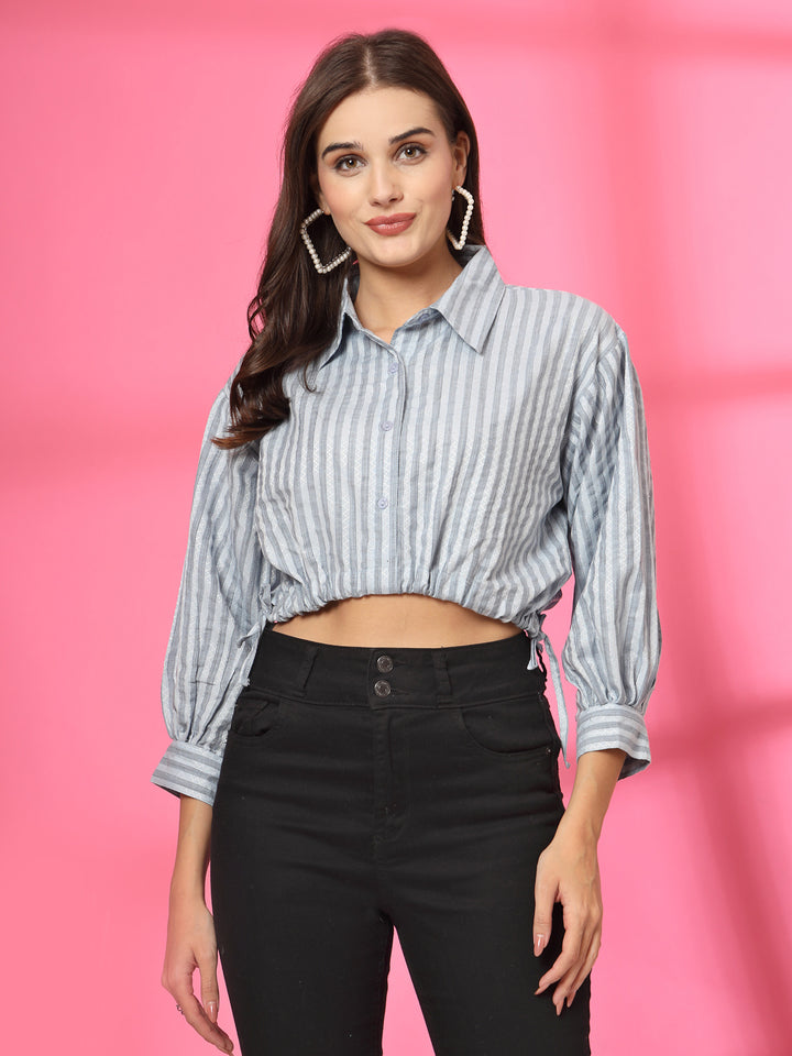 Women Striped Cotton Shirt Style Crop Top