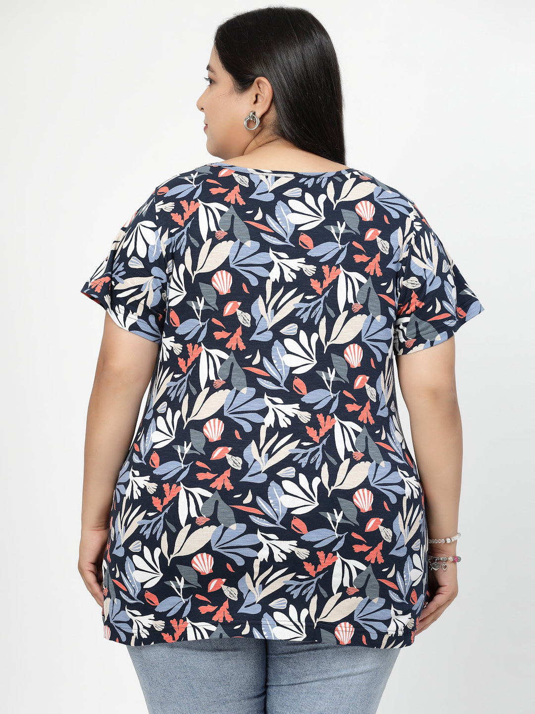 Plus Size Floral Printed Round Neck Short Sleeves Cotton T-shirt