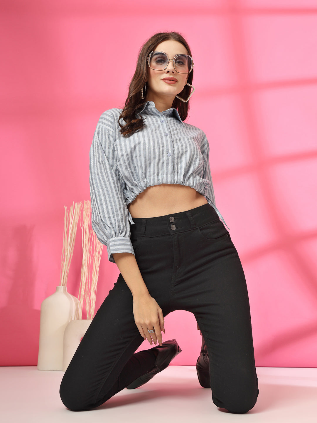 Women Striped Cotton Shirt Style Crop Top