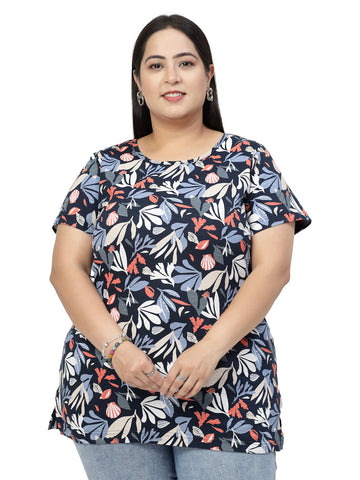 Plus Size Floral Printed Round Neck Short Sleeves Cotton T-shirt