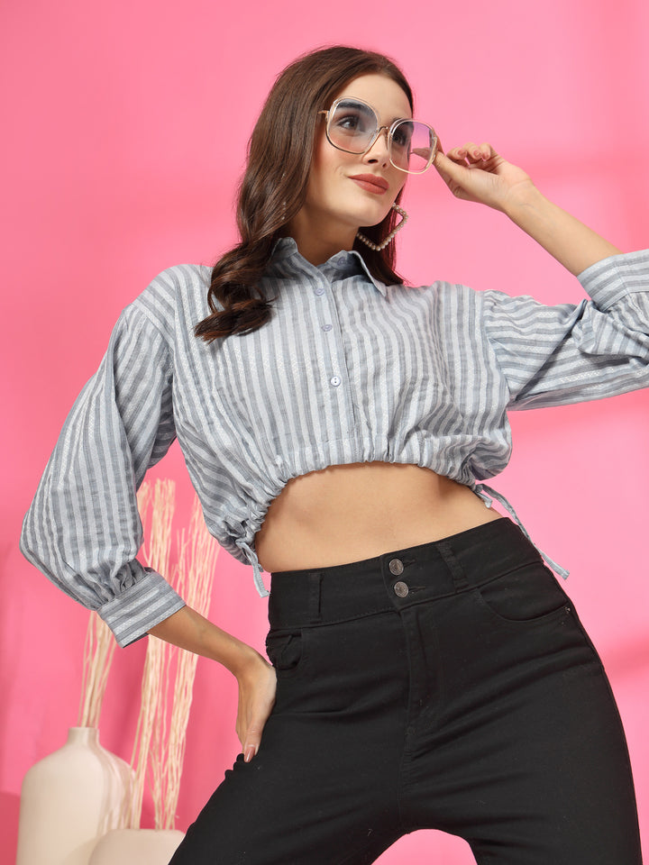 Women Striped Cotton Shirt Style Crop Top