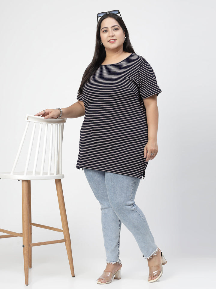 Navy Blue Striped Printed Drop-Shoulder Sleeves Regular Fit Cotton Casual T-shirt