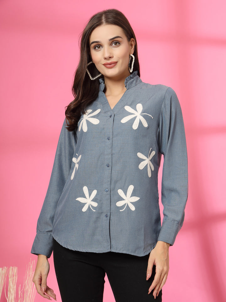 Women Collarless Floral Printed Cotton Casual Shirt