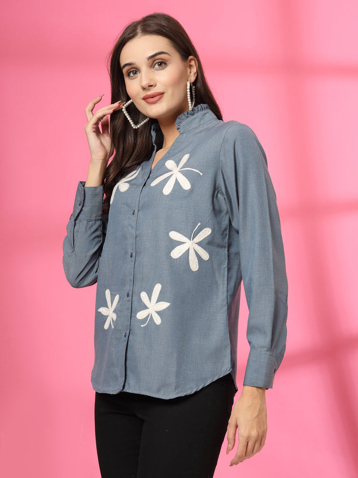 Women Collarless Floral Printed Cotton Casual Shirt