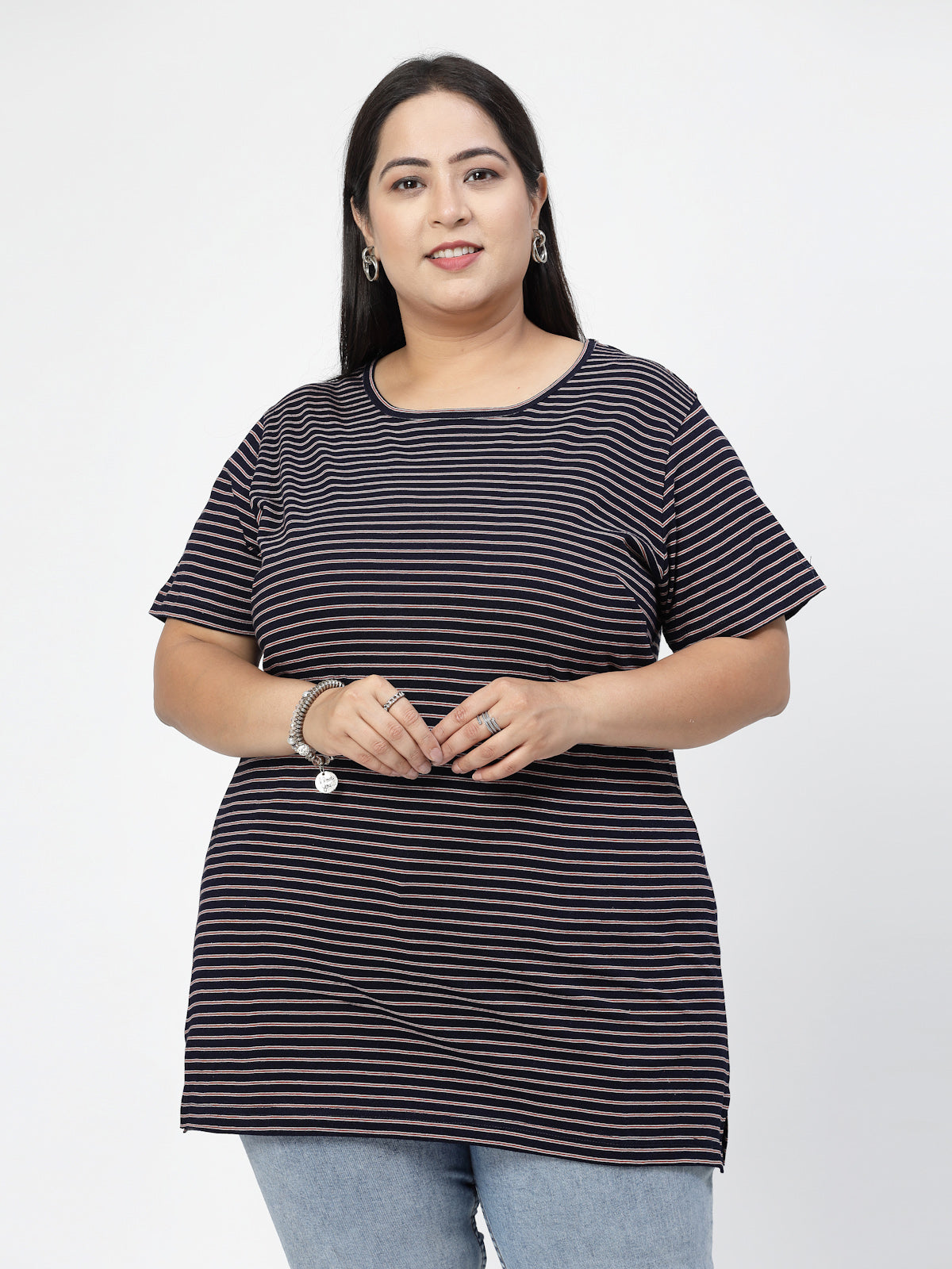 Navy Blue Striped Printed Drop-Shoulder Sleeves Regular Fit Cotton Casual T-shirt