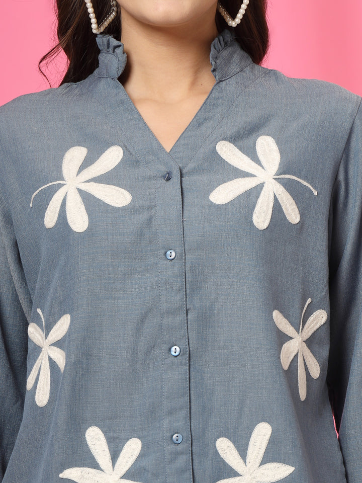 Women Collarless Floral Printed Cotton Casual Shirt