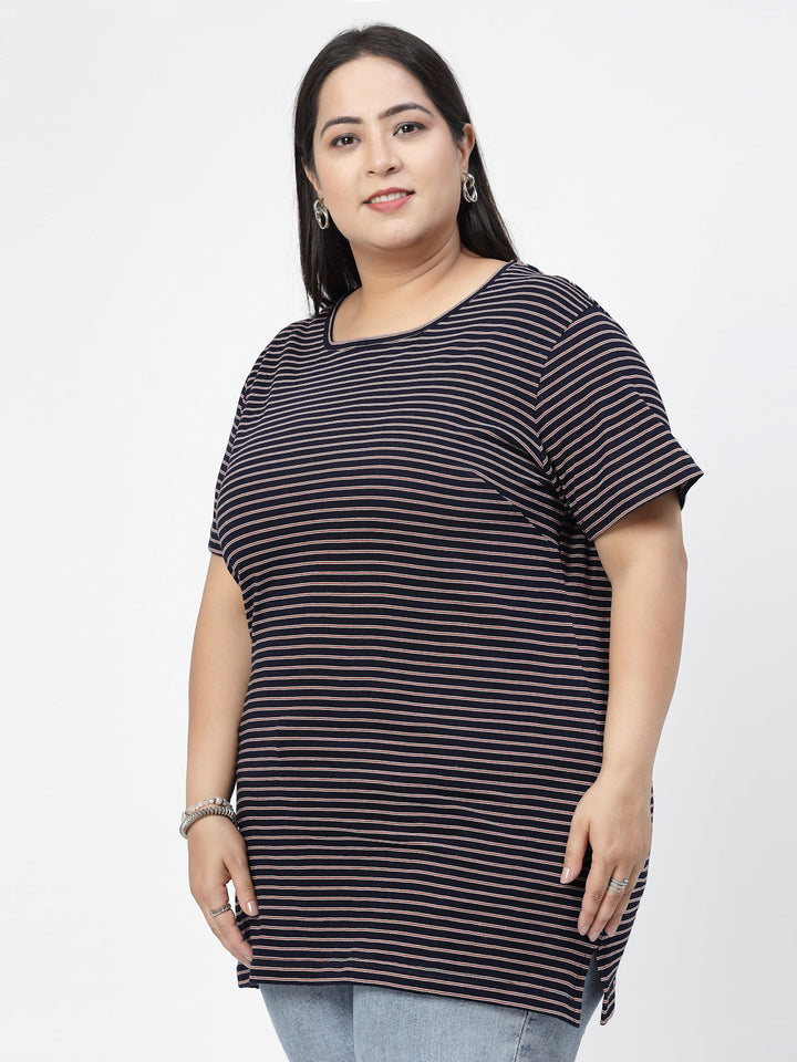 Navy Blue Striped Printed Drop-Shoulder Sleeves Regular Fit Cotton Casual T-shirt