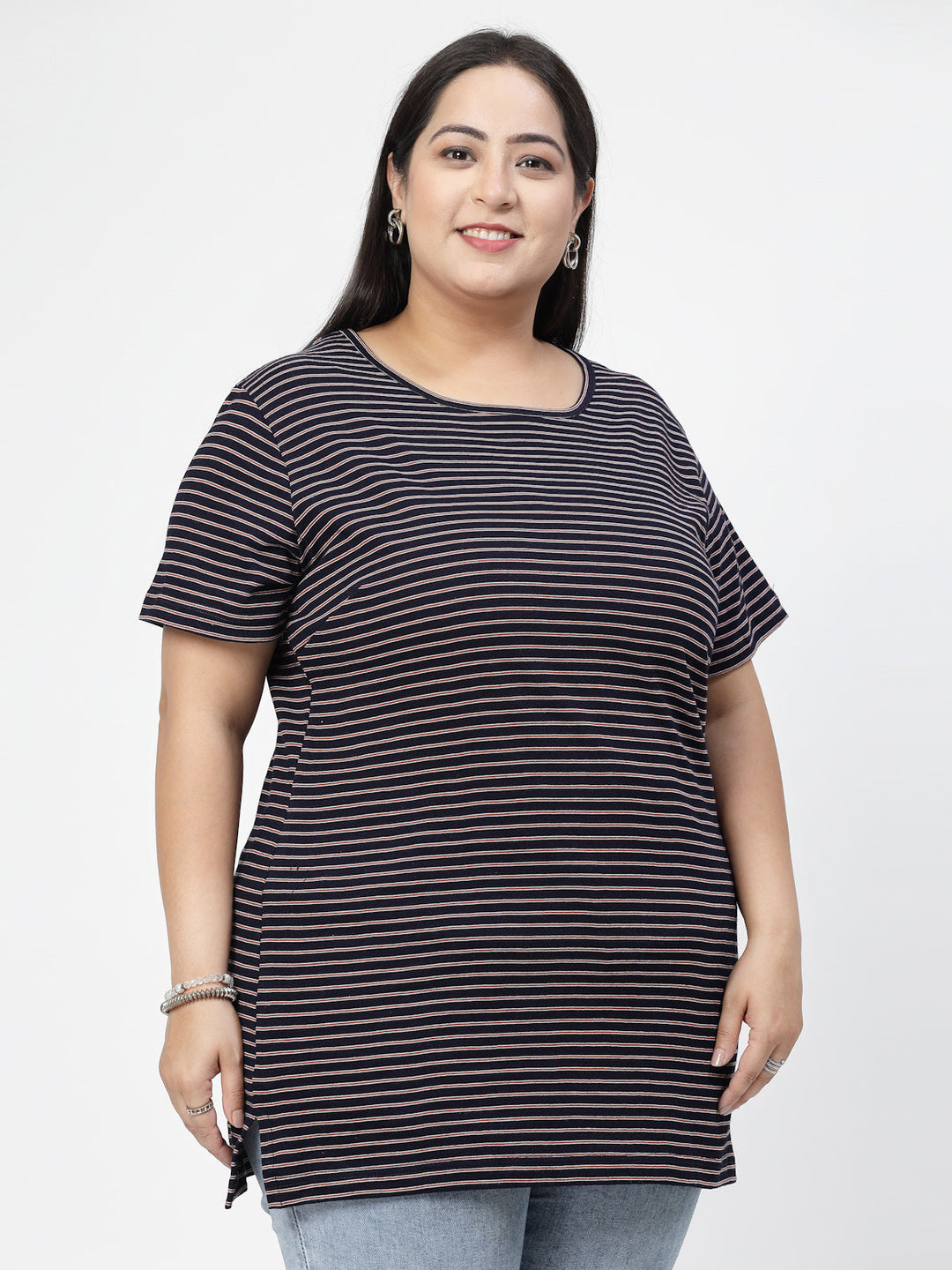 Navy Blue Striped Printed Drop-Shoulder Sleeves Regular Fit Cotton Casual T-shirt