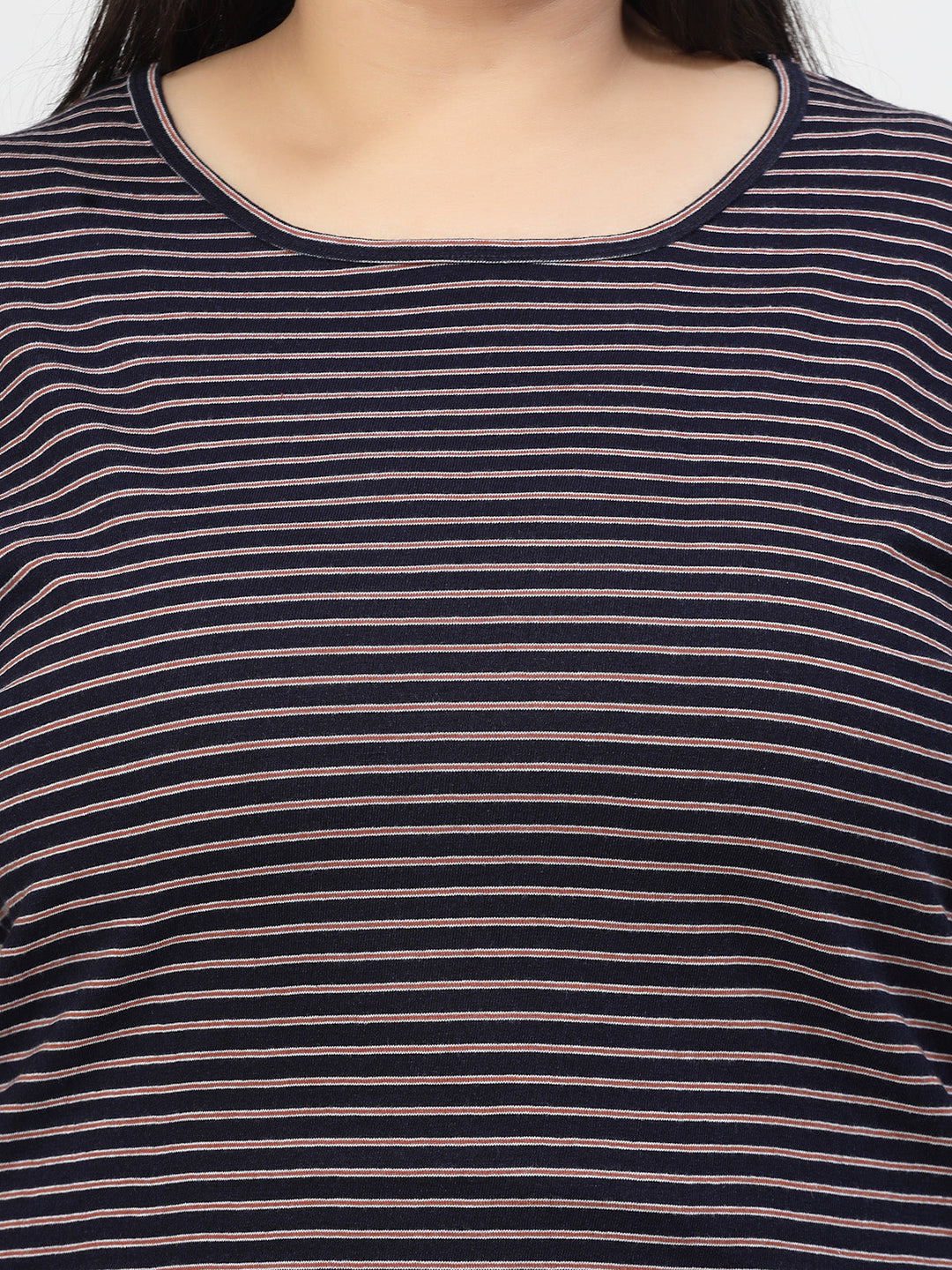 Navy Blue Striped Printed Drop-Shoulder Sleeves Regular Fit Cotton Casual T-shirt