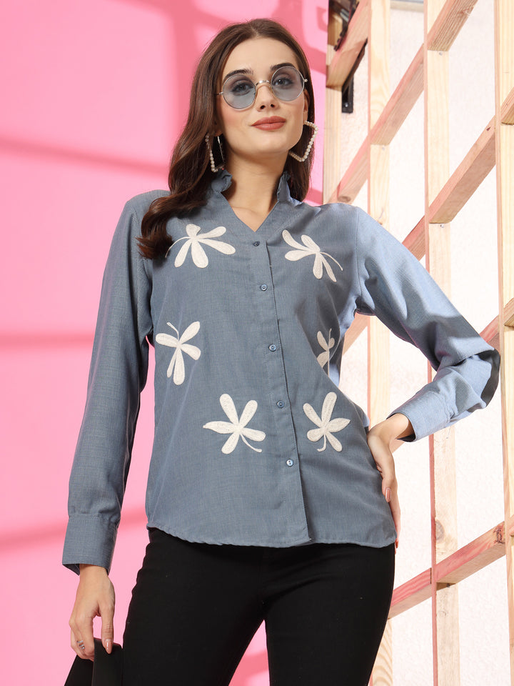 Women Collarless Floral Printed Cotton Casual Shirt