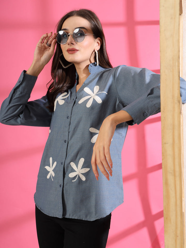 Women Collarless Floral Printed Cotton Casual Shirt