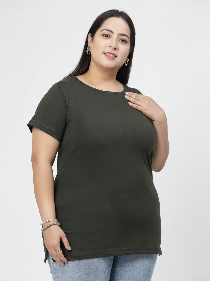 Olive Round Neck Regular Fit Cotton Casual T-shirt