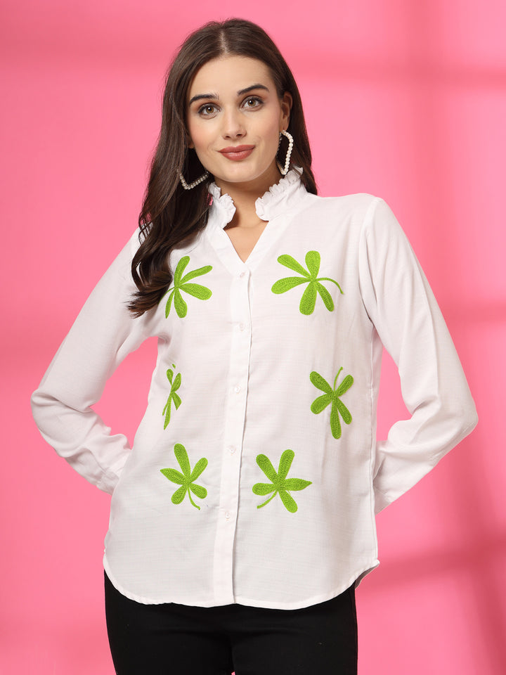 Women Mandarin Colllar Floral Printed Cotton Casual Shirt