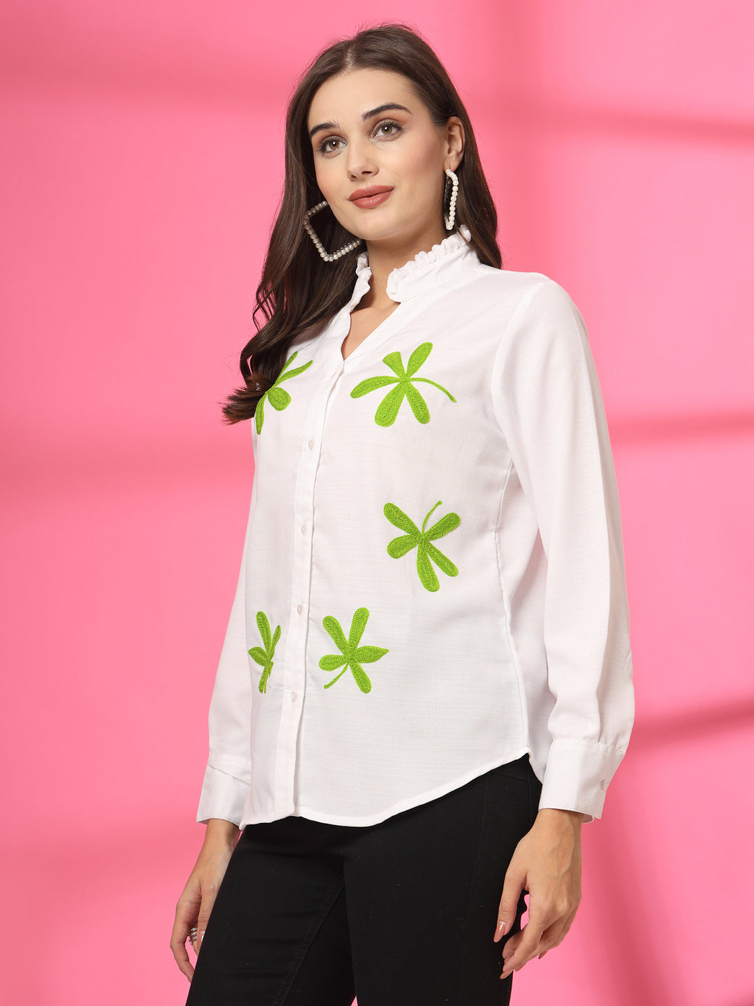 Women Mandarin Colllar Floral Printed Cotton Casual Shirt