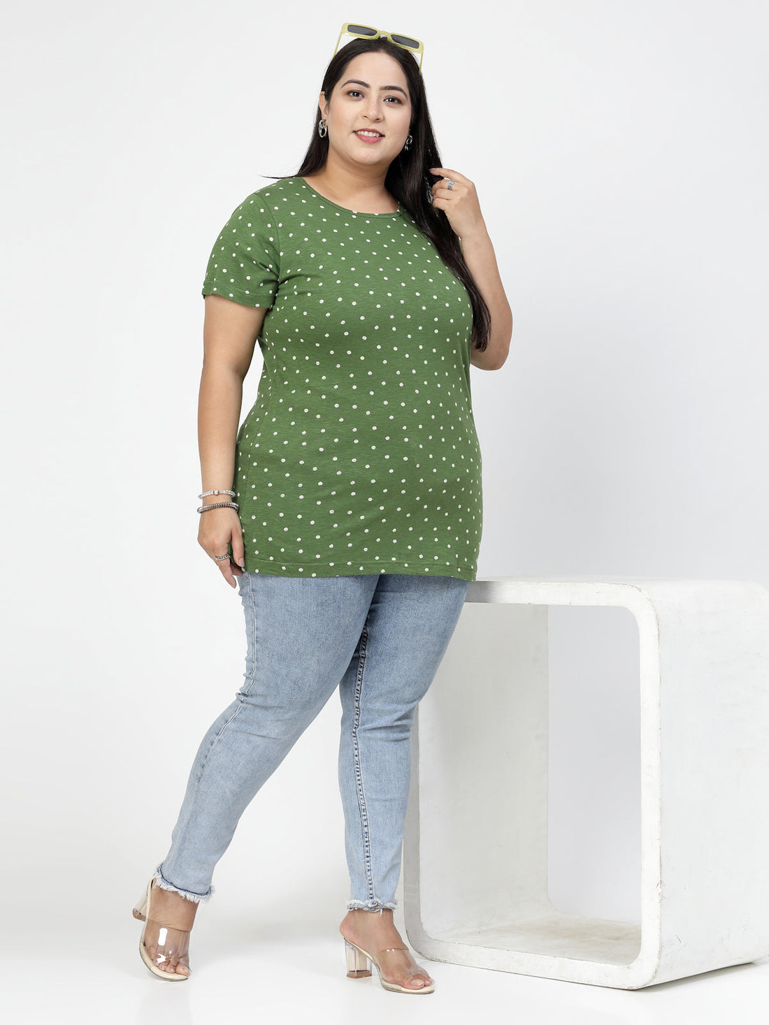 Green Polka Dots Printed Round Neck Pure Cotton Casual Longline T-shirt