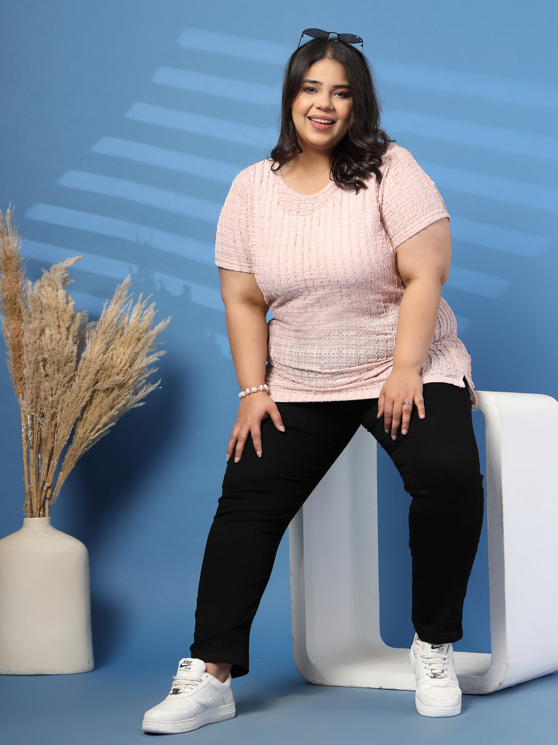 Plus Size Vertically Self-Striped Semi-Sheer Top