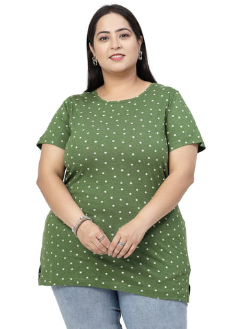 Green Polka Dots Printed Round Neck Pure Cotton Casual Longline T-shirt