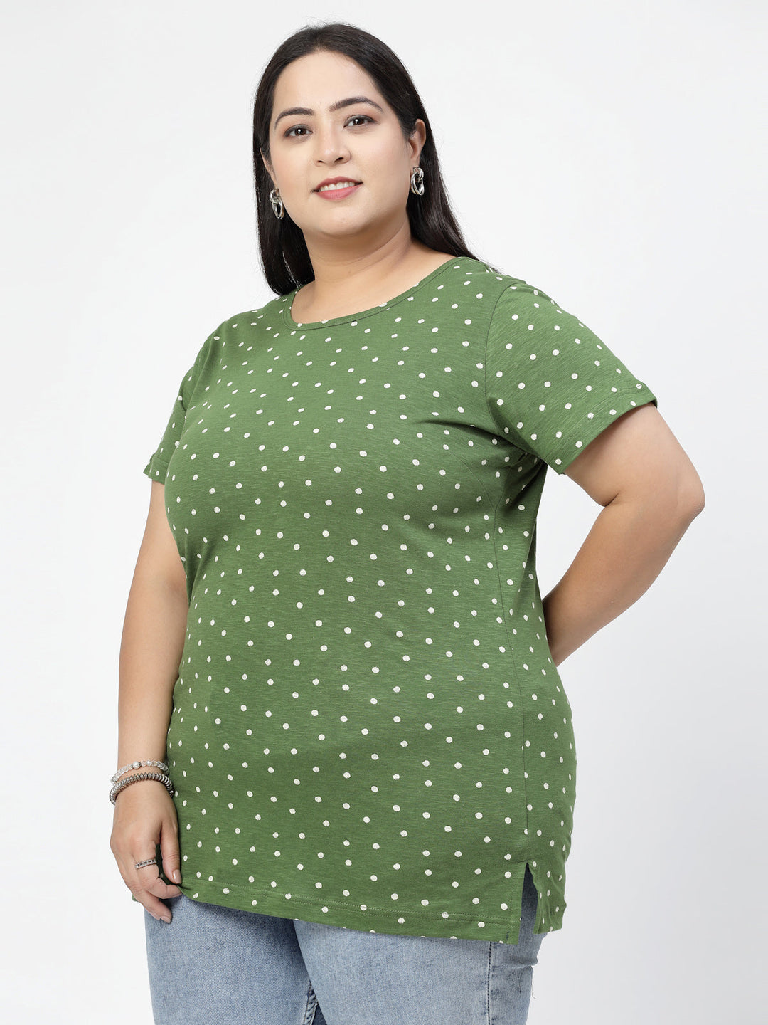 Green Polka Dots Printed Round Neck Pure Cotton Casual Longline T-shirt