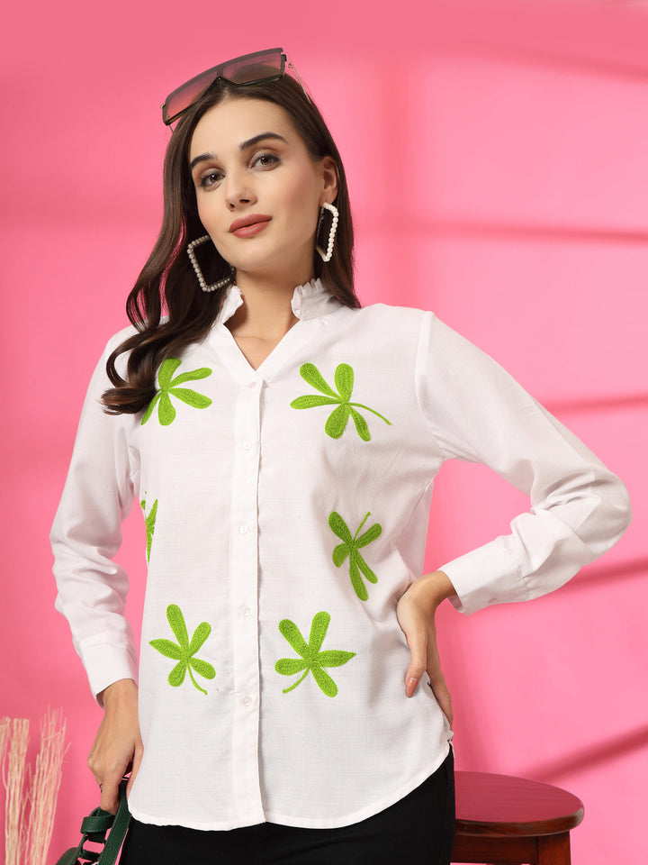 Women Mandarin Colllar Floral Printed Cotton Casual Shirt