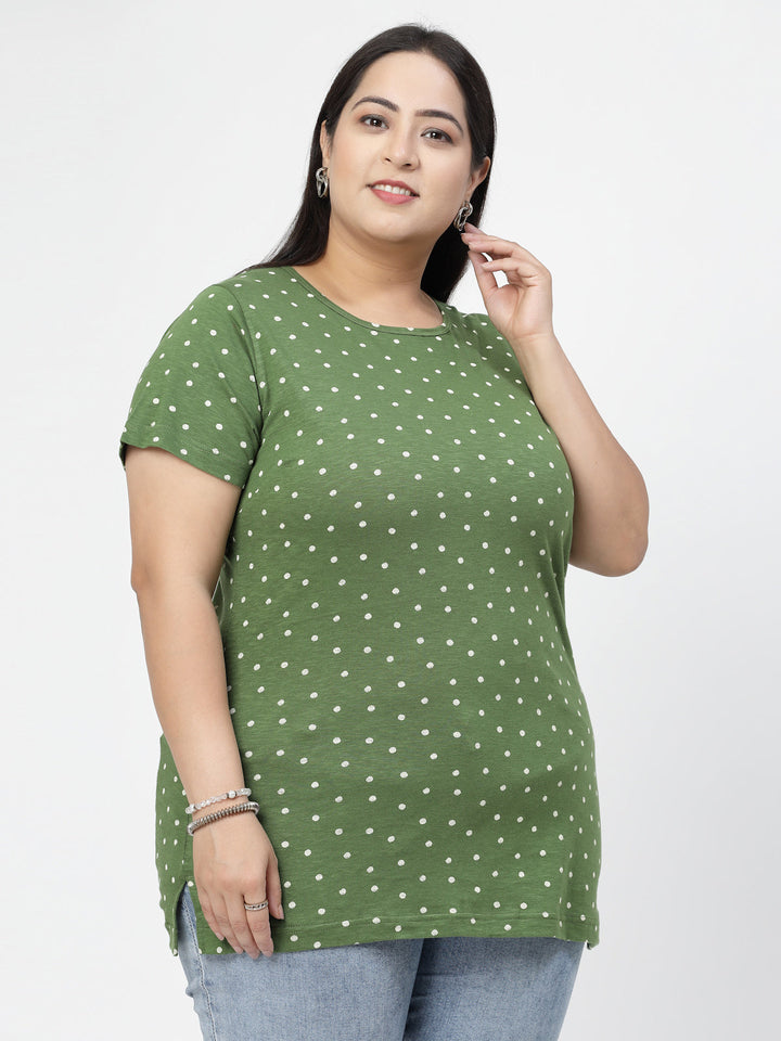 Green Polka Dots Printed Round Neck Pure Cotton Casual Longline T-shirt