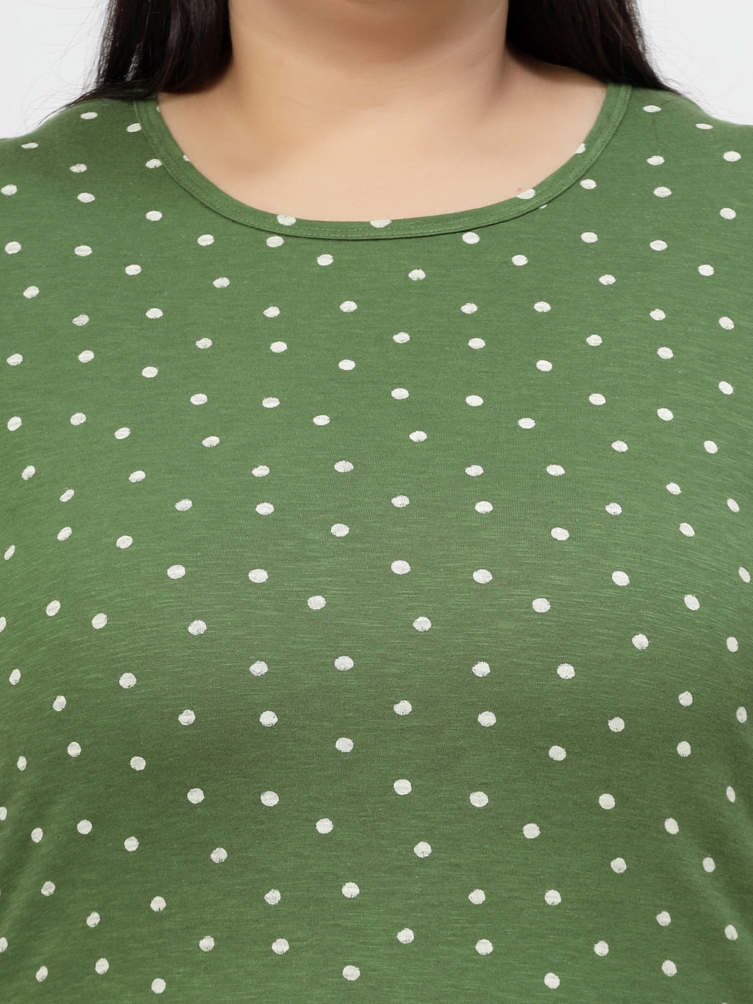 Green Polka Dots Printed Round Neck Pure Cotton Casual Longline T-shirt