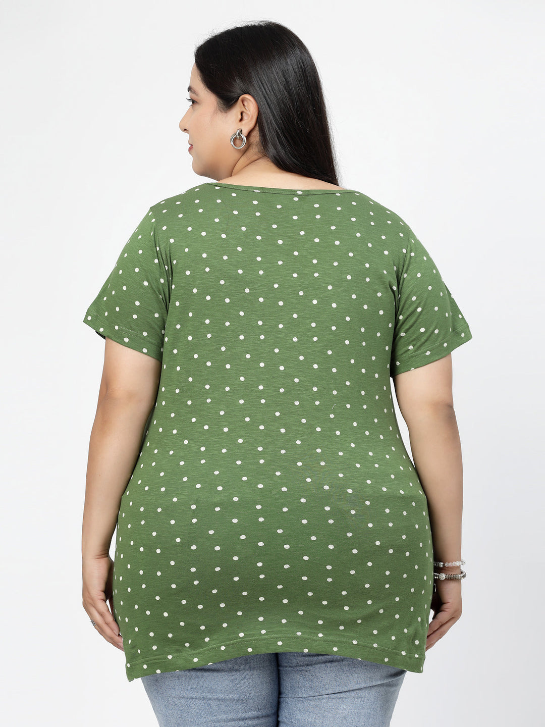 Green Polka Dots Printed Round Neck Pure Cotton Casual Longline T-shirt