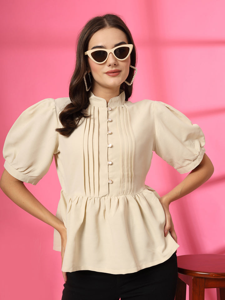 Women Mandarin Collar Cotton Peplum Top