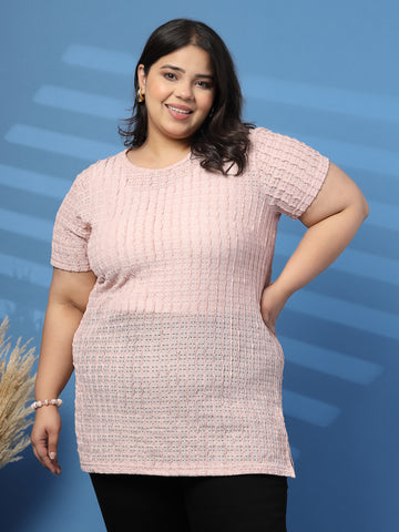 Plus Size Vertically Self-Striped Semi-Sheer Top