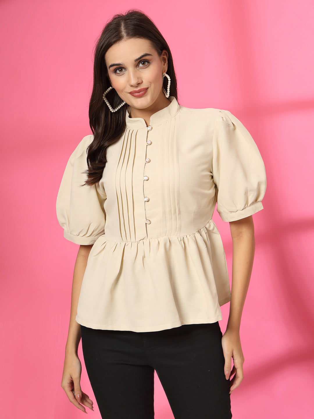 Women Mandarin Collar Cotton Peplum Top