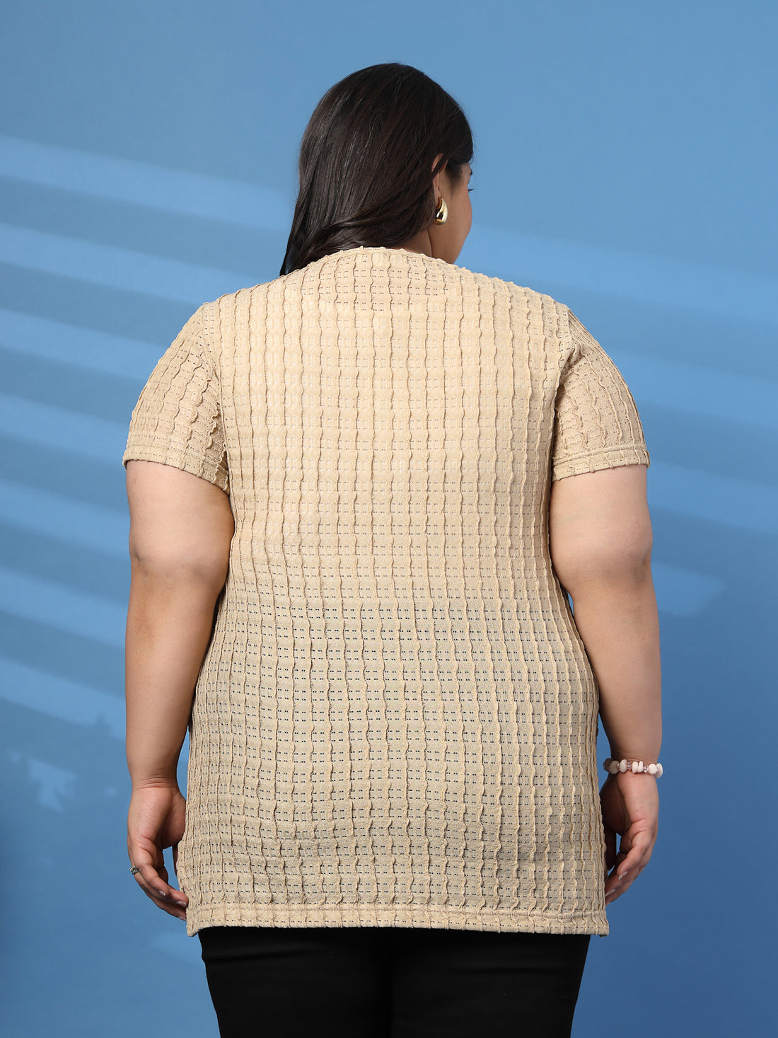 Plus Size Vertically Self-Striped Semi-Sheer Top