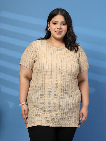 Plus Size Vertically Self-Striped Semi-Sheer Top