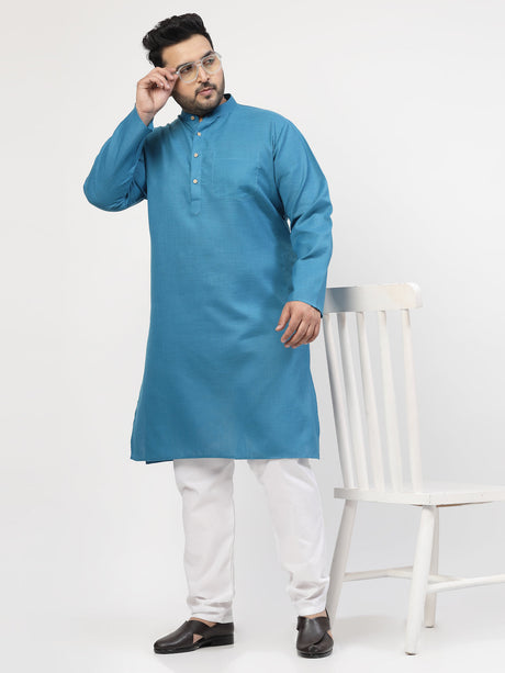 Men Blue & White Solid Kurta with Pyjamas