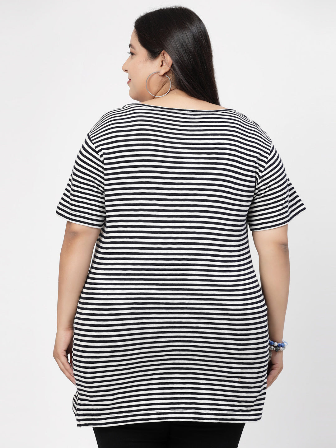 Round Neck Short Sleeves Striped Cotton Regular Fit Plus Size T-shirt