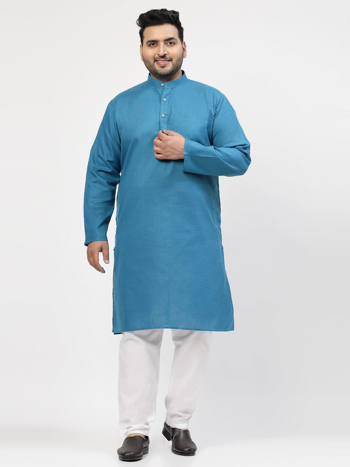 Men Blue & White Solid Kurta with Pyjamas