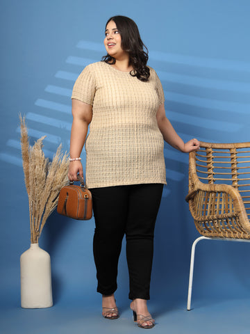 Plus Size Self Design Round Neck Short Sleeves Tshirt