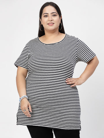 Plus Size Round Neck Short Sleeves Striped Cotton Regular Fit  T-shirt