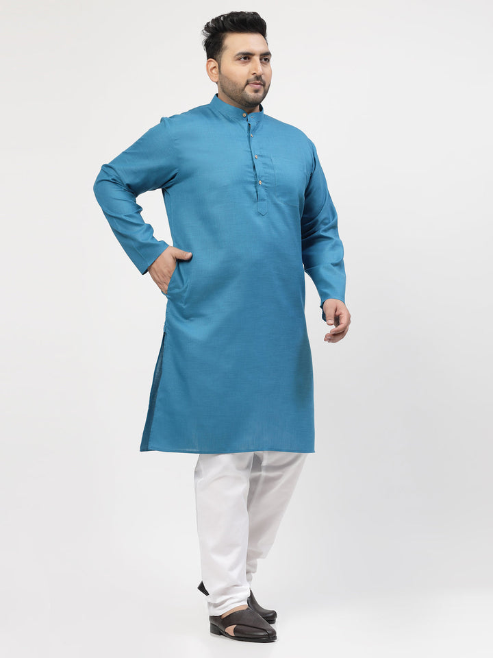 Men Blue & White Solid Kurta with Pyjamas