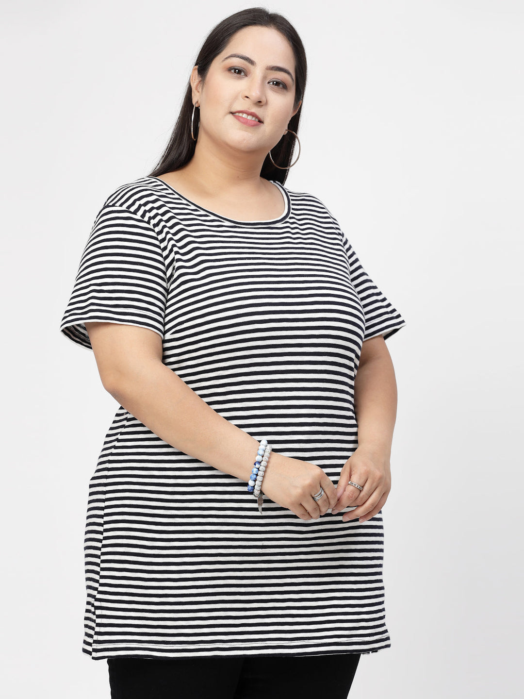 Round Neck Short Sleeves Striped Cotton Regular Fit Plus Size T-shirt