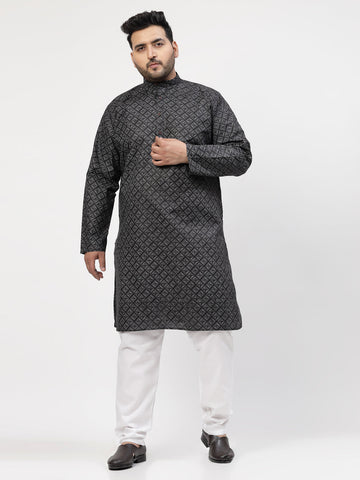 Men Black & White Self Design Kurta with Pyjamas