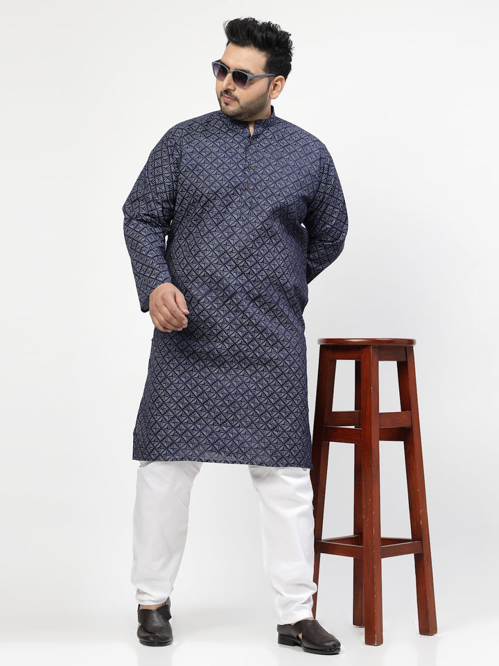 Men Navy & White Self Design Kurta with Pyjamas