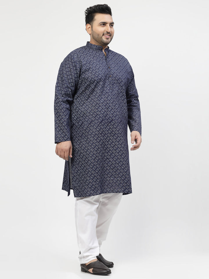 Men Navy & White Self Design Kurta with Pyjamas