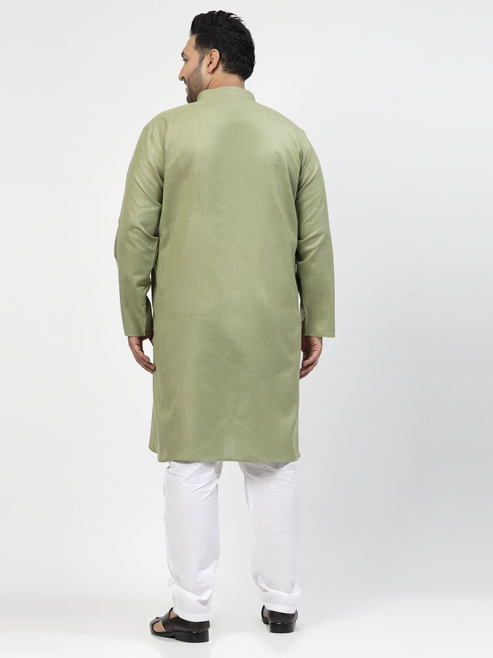 Men Green & White Solid Kurta with Pyjamas