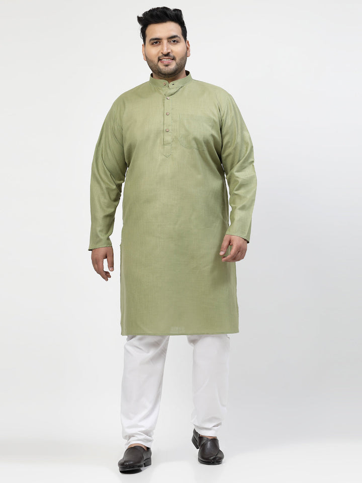 Men Green & White Solid Kurta with Pyjamas